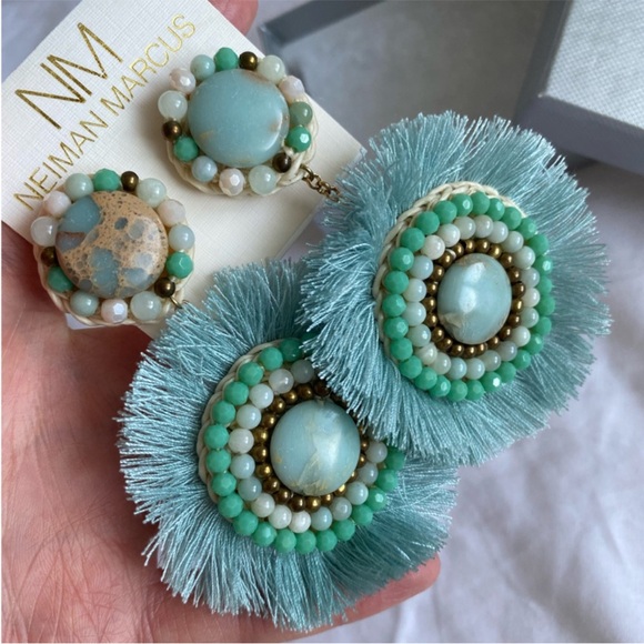 Neiman Marcus Statement Fran Drop Fringe Round Stone Bead Green Teal blue NWT - Picture 11 of 15